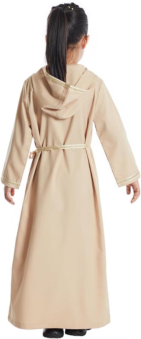 imageIDOPIP Kids Girls Muslim Abaya Dress with Belt Long Sleeve Zip Hooded Islamic Kaftan Maxi Dress Full Cover Thobe Gown ClothesCamel Hooded