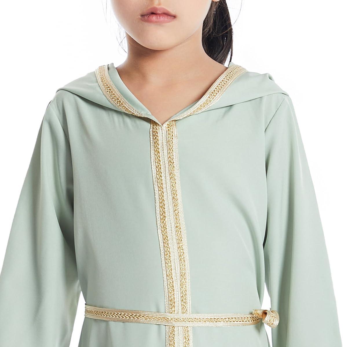 imageIDOPIP Kids Girls Muslim Abaya Dress with Belt Long Sleeve Zip Hooded Islamic Kaftan Maxi Dress Full Cover Thobe Gown ClothesGreen Hooded