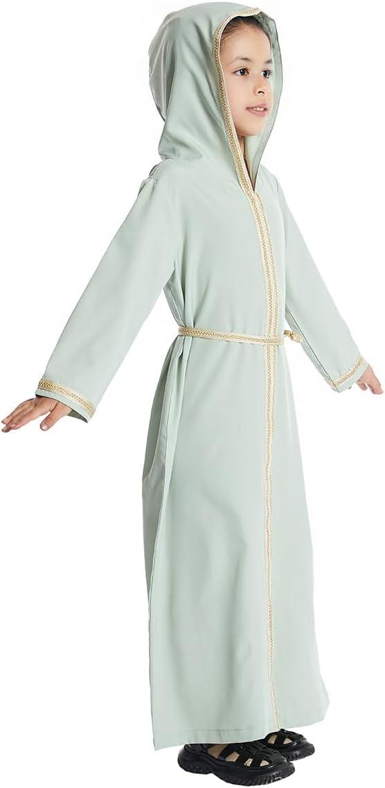imageIDOPIP Kids Girls Muslim Abaya Dress with Belt Long Sleeve Zip Hooded Islamic Kaftan Maxi Dress Full Cover Thobe Gown ClothesGreen Hooded