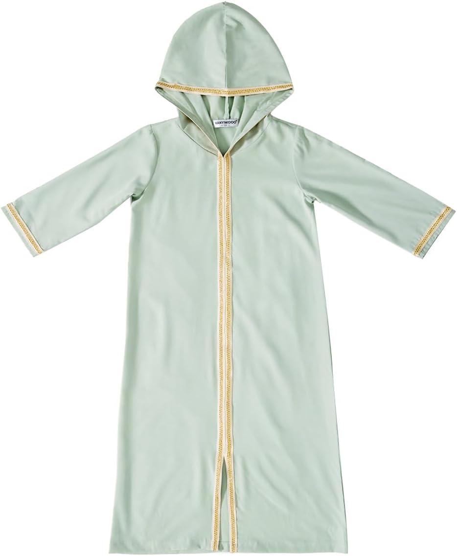imageIDOPIP Kids Girls Muslim Abaya Dress with Belt Long Sleeve Zip Hooded Islamic Kaftan Maxi Dress Full Cover Thobe Gown ClothesGreen Hooded