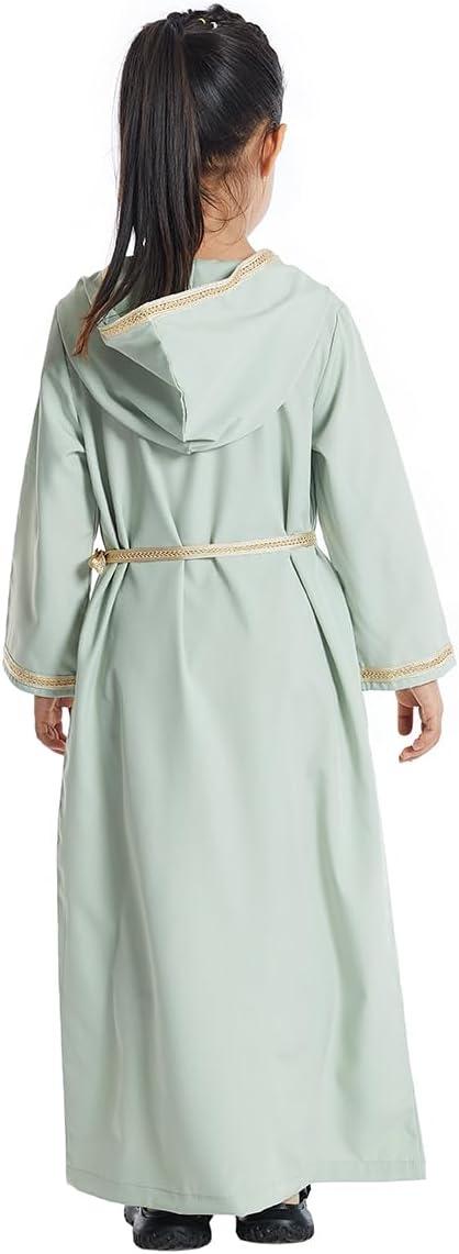 imageIDOPIP Kids Girls Muslim Abaya Dress with Belt Long Sleeve Zip Hooded Islamic Kaftan Maxi Dress Full Cover Thobe Gown ClothesGreen Hooded