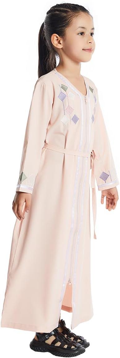 imageIDOPIP Kids Girls Muslim Abaya Dress with Belt Long Sleeve Zip Hooded Islamic Kaftan Maxi Dress Full Cover Thobe Gown ClothesPink No Hooded