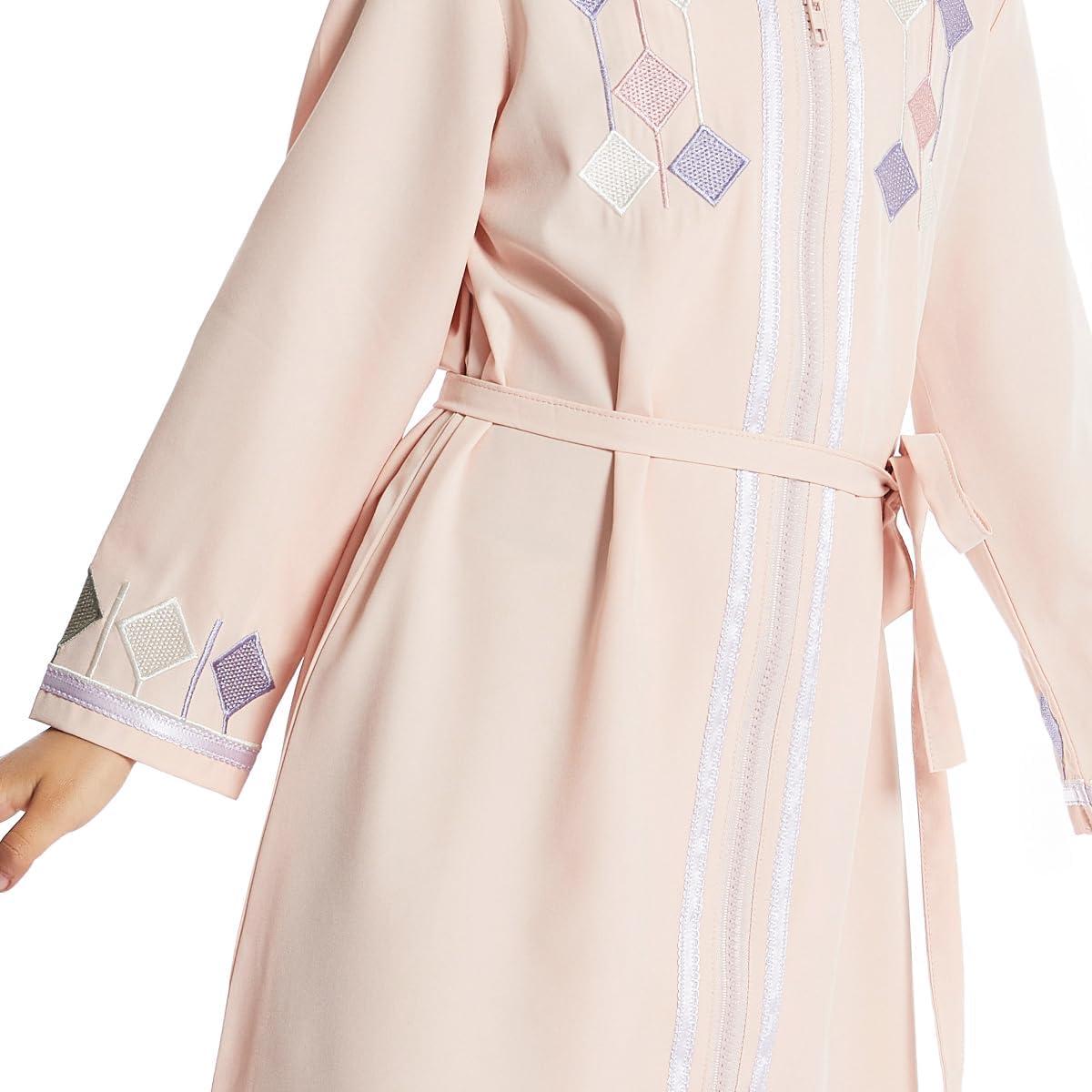 imageIDOPIP Kids Girls Muslim Abaya Dress with Belt Long Sleeve Zip Hooded Islamic Kaftan Maxi Dress Full Cover Thobe Gown ClothesPink No Hooded