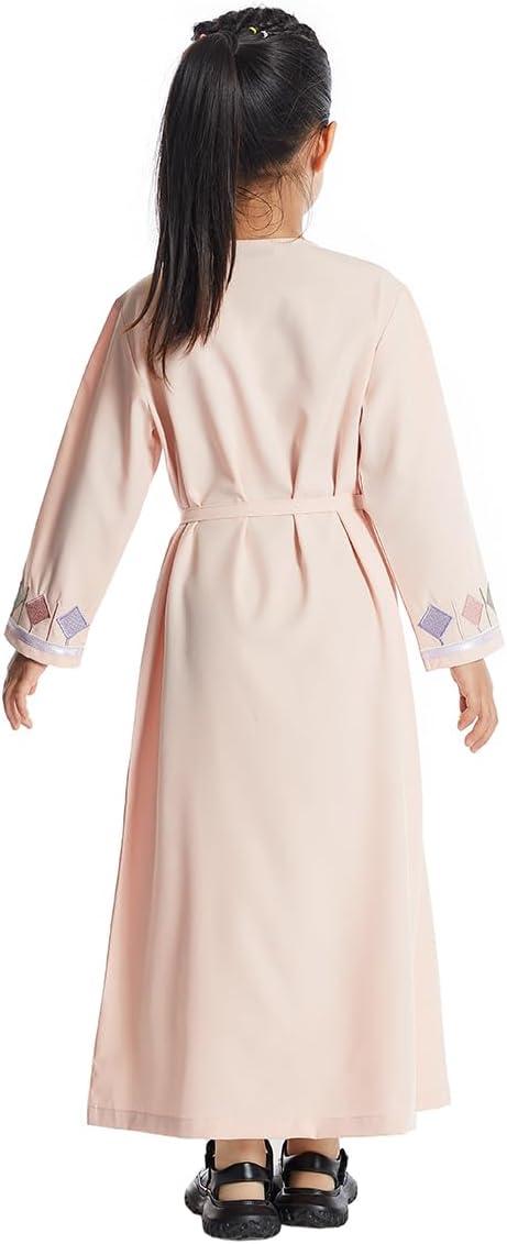 imageIDOPIP Kids Girls Muslim Abaya Dress with Belt Long Sleeve Zip Hooded Islamic Kaftan Maxi Dress Full Cover Thobe Gown ClothesPink No Hooded