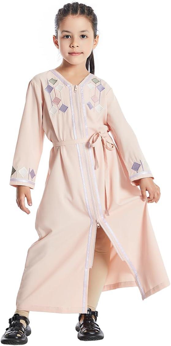 imageIDOPIP Kids Girls Muslim Abaya Dress with Belt Long Sleeve Zip Hooded Islamic Kaftan Maxi Dress Full Cover Thobe Gown ClothesPink No Hooded