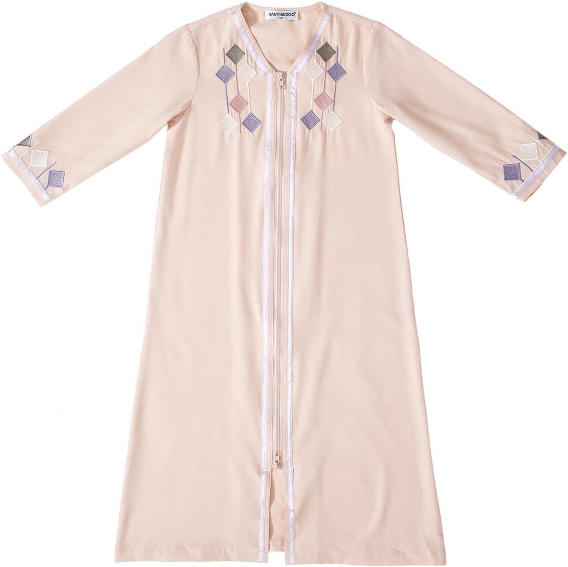 imageIDOPIP Kids Girls Muslim Abaya Dress with Belt Long Sleeve Zip Hooded Islamic Kaftan Maxi Dress Full Cover Thobe Gown ClothesPink No Hooded