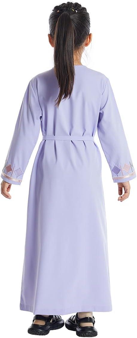imageIDOPIP Kids Girls Muslim Abaya Dress with Belt Long Sleeve Zip Hooded Islamic Kaftan Maxi Dress Full Cover Thobe Gown ClothesPurple No Hooded