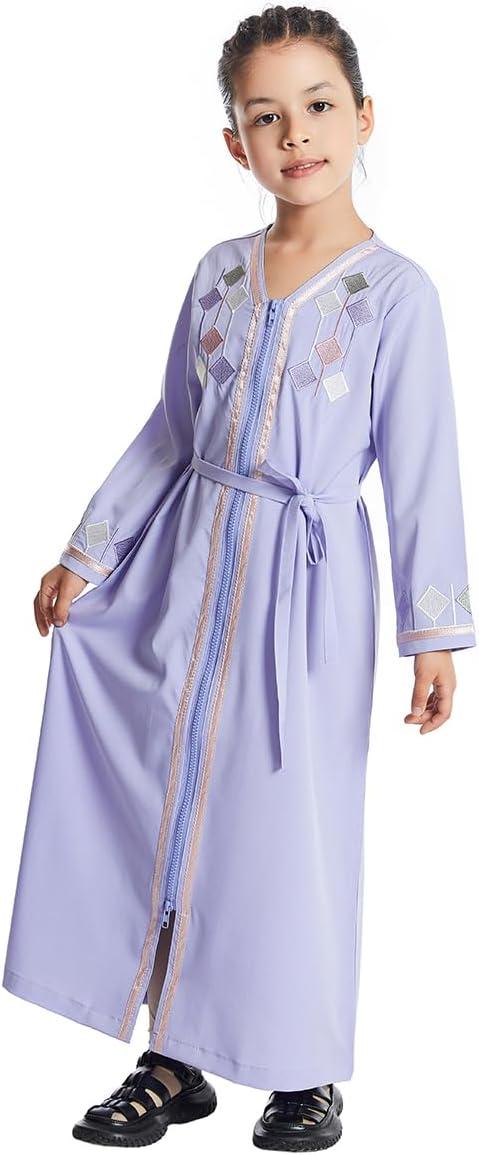 imageIDOPIP Kids Girls Muslim Abaya Dress with Belt Long Sleeve Zip Hooded Islamic Kaftan Maxi Dress Full Cover Thobe Gown ClothesPurple No Hooded