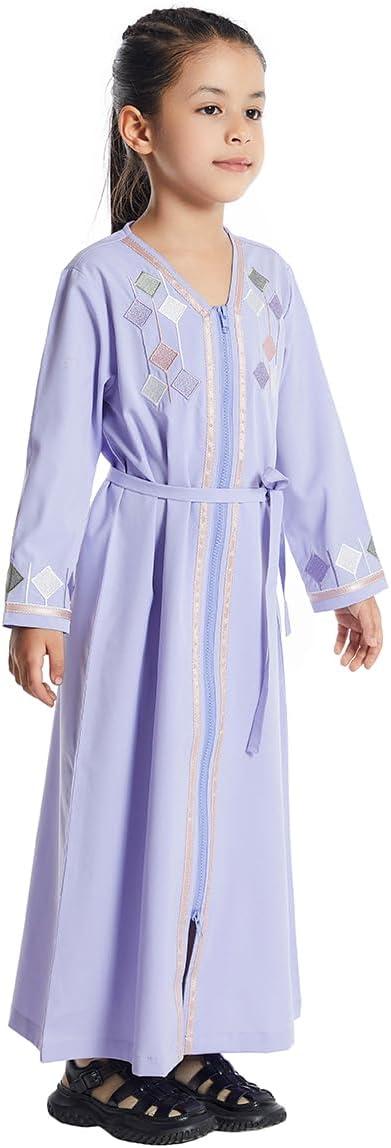 imageIDOPIP Kids Girls Muslim Abaya Dress with Belt Long Sleeve Zip Hooded Islamic Kaftan Maxi Dress Full Cover Thobe Gown ClothesPurple No Hooded