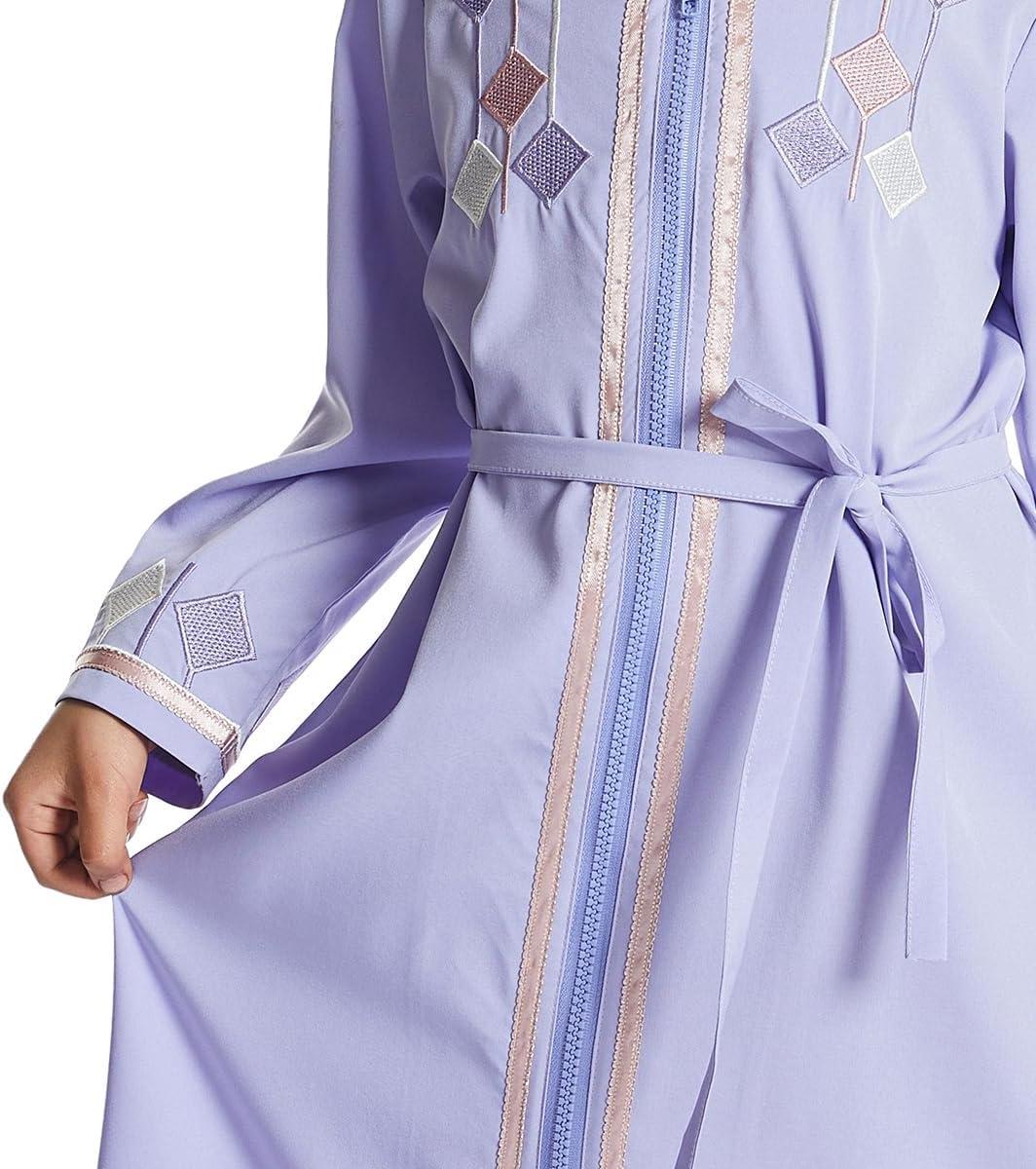 imageIDOPIP Kids Girls Muslim Abaya Dress with Belt Long Sleeve Zip Hooded Islamic Kaftan Maxi Dress Full Cover Thobe Gown ClothesPurple No Hooded