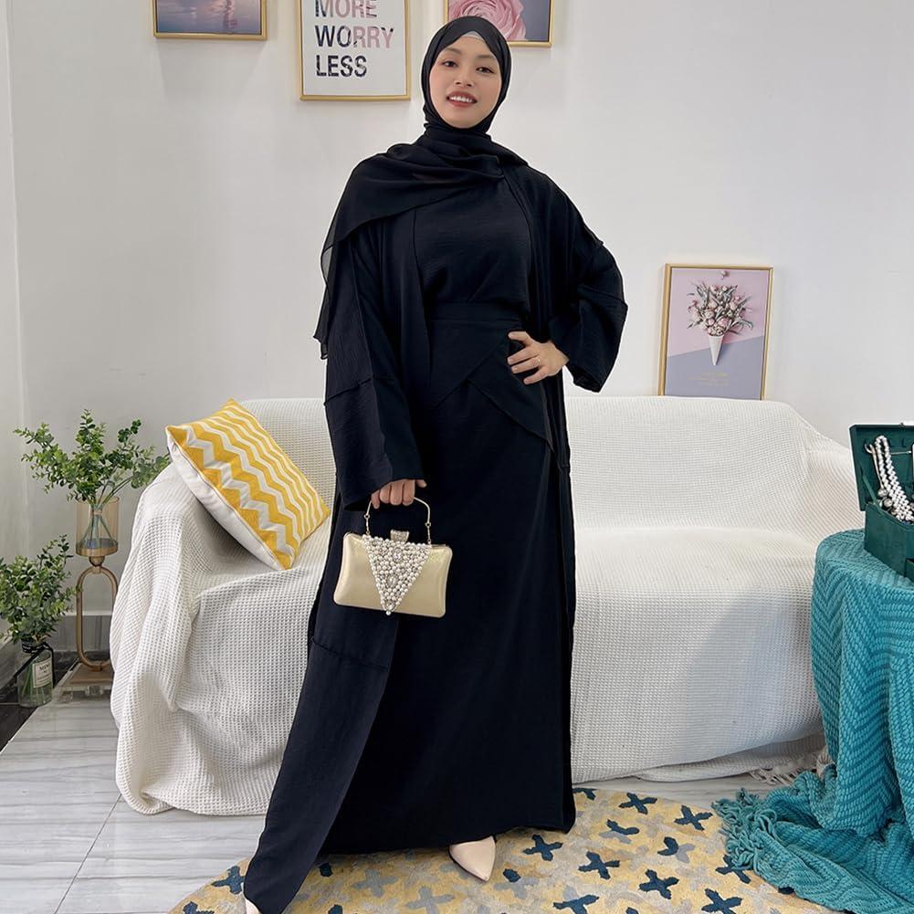 imageIDOPIP Muslim Abaya Dress for Women Long Sleeve Open Front Cardigan  Kaftan  Skirt  Hijab 34PCS Islamic Prayer Outfit SetBlack  Hijab