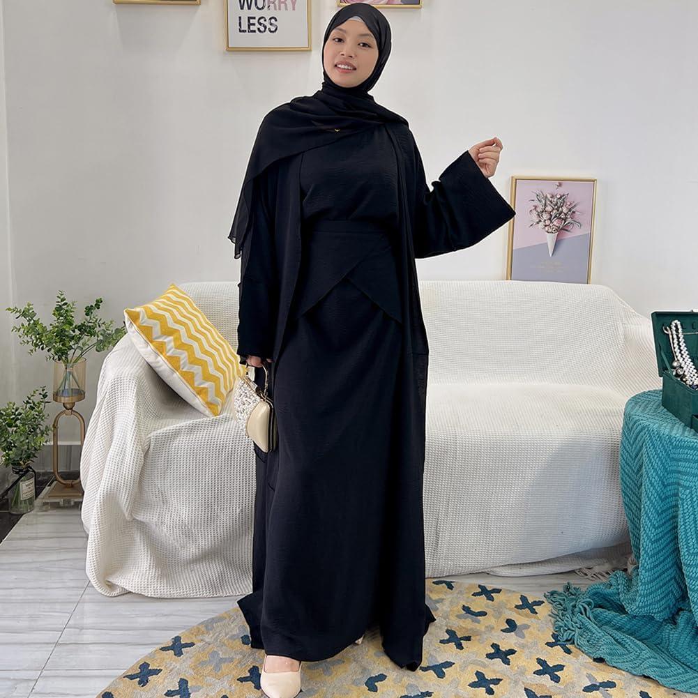 imageIDOPIP Muslim Abaya Dress for Women Long Sleeve Open Front Cardigan  Kaftan  Skirt  Hijab 34PCS Islamic Prayer Outfit SetBlack  Hijab