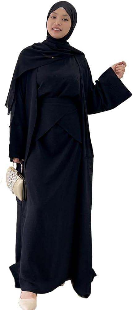 imageIDOPIP Muslim Abaya Dress for Women Long Sleeve Open Front Cardigan  Kaftan  Skirt  Hijab 34PCS Islamic Prayer Outfit SetBlack  Hijab