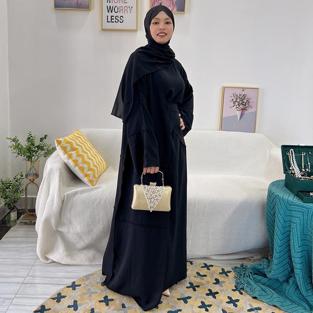 imageIDOPIP Muslim Abaya Dress for Women Long Sleeve Open Front Cardigan  Kaftan  Skirt  Hijab 34PCS Islamic Prayer Outfit SetBlack  Hijab