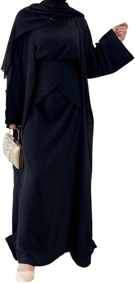 imageIDOPIP Muslim Abaya Dress for Women Long Sleeve Open Front Cardigan  Kaftan  Skirt  Hijab 34PCS Islamic Prayer Outfit SetBlack No Hijab