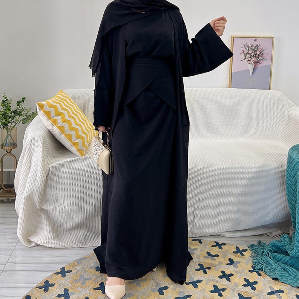 imageIDOPIP Muslim Abaya Dress for Women Long Sleeve Open Front Cardigan  Kaftan  Skirt  Hijab 34PCS Islamic Prayer Outfit SetBlack No Hijab