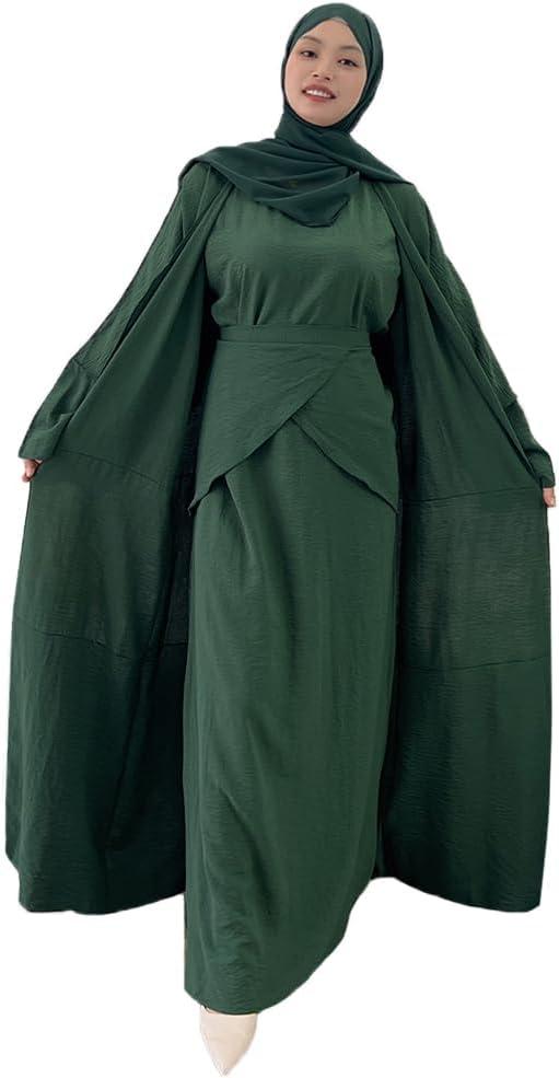 imageIDOPIP Muslim Abaya Dress for Women Long Sleeve Open Front Cardigan  Kaftan  Skirt  Hijab 34PCS Islamic Prayer Outfit SetBlackish Green  Hijab