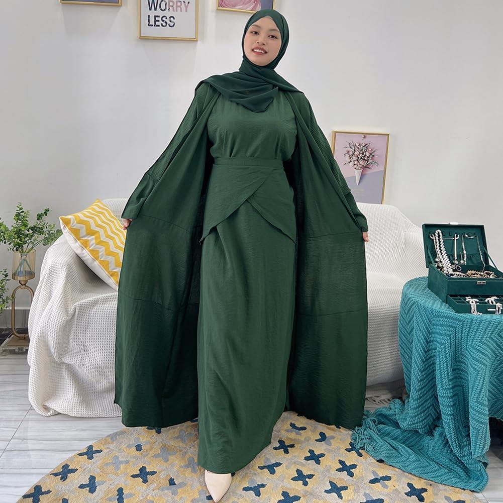 imageIDOPIP Muslim Abaya Dress for Women Long Sleeve Open Front Cardigan  Kaftan  Skirt  Hijab 34PCS Islamic Prayer Outfit SetBlackish Green  Hijab