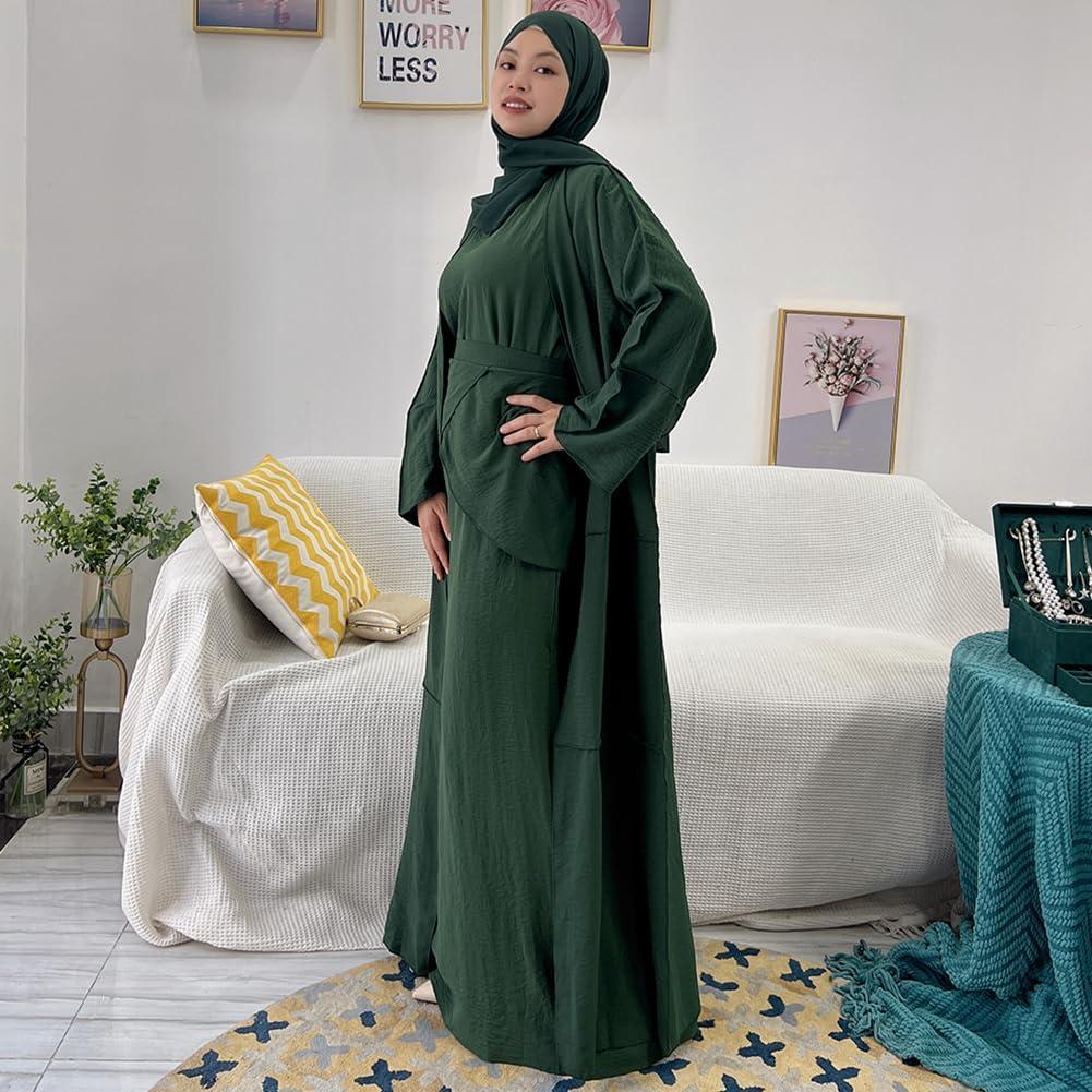 imageIDOPIP Muslim Abaya Dress for Women Long Sleeve Open Front Cardigan  Kaftan  Skirt  Hijab 34PCS Islamic Prayer Outfit SetBlackish Green  Hijab