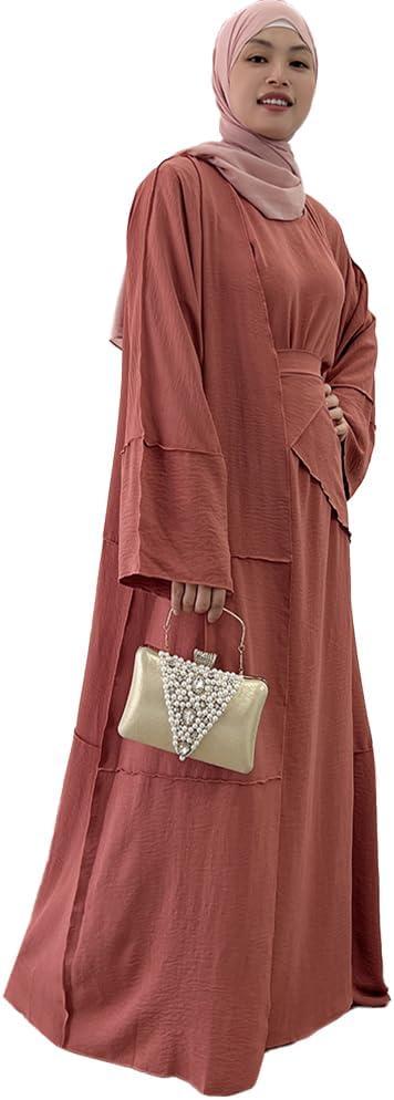 imageIDOPIP Muslim Abaya Dress for Women Long Sleeve Open Front Cardigan  Kaftan  Skirt  Hijab 34PCS Islamic Prayer Outfit SetBrickred  Hijab