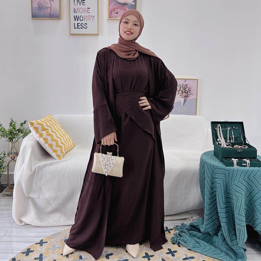 imageIDOPIP Muslim Abaya Dress for Women Long Sleeve Open Front Cardigan  Kaftan  Skirt  Hijab 34PCS Islamic Prayer Outfit SetCoffee  Hijab