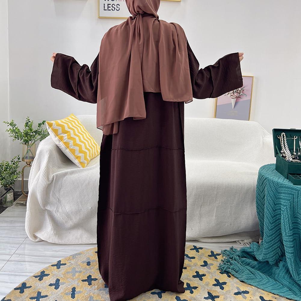 imageIDOPIP Muslim Abaya Dress for Women Long Sleeve Open Front Cardigan  Kaftan  Skirt  Hijab 34PCS Islamic Prayer Outfit SetCoffee  Hijab
