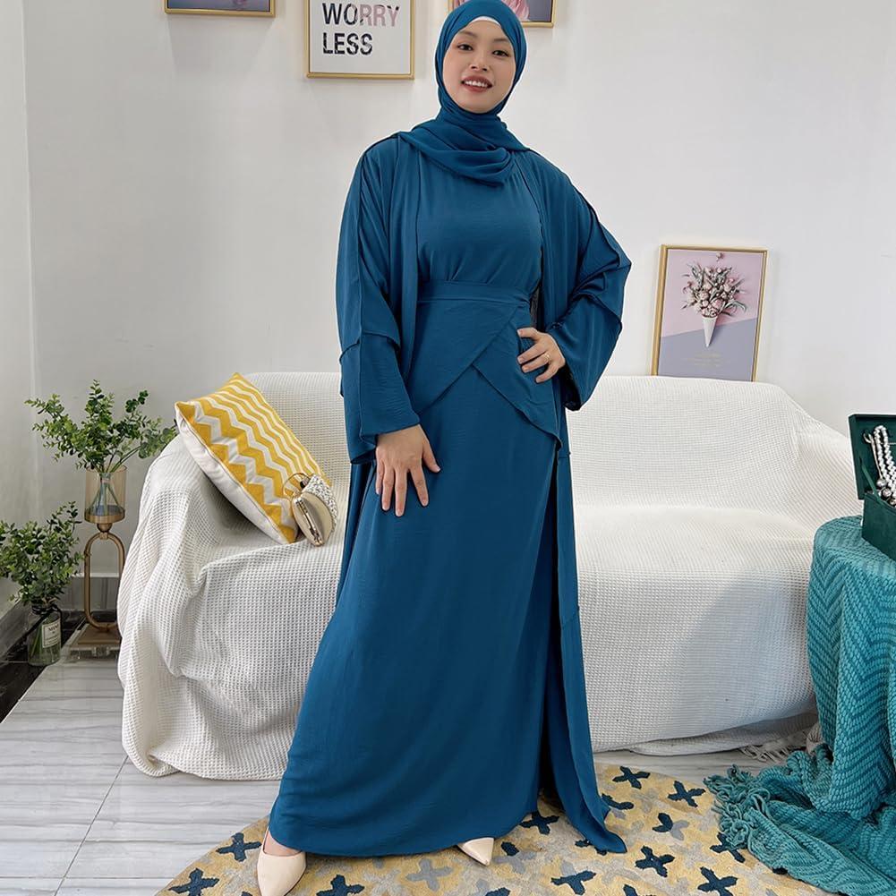 imageIDOPIP Muslim Abaya Dress for Women Long Sleeve Open Front Cardigan  Kaftan  Skirt  Hijab 34PCS Islamic Prayer Outfit SetDark Blue  Hijab