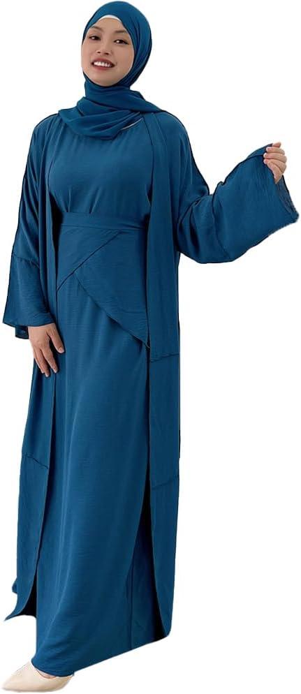 imageIDOPIP Muslim Abaya Dress for Women Long Sleeve Open Front Cardigan  Kaftan  Skirt  Hijab 34PCS Islamic Prayer Outfit SetDark Blue  Hijab