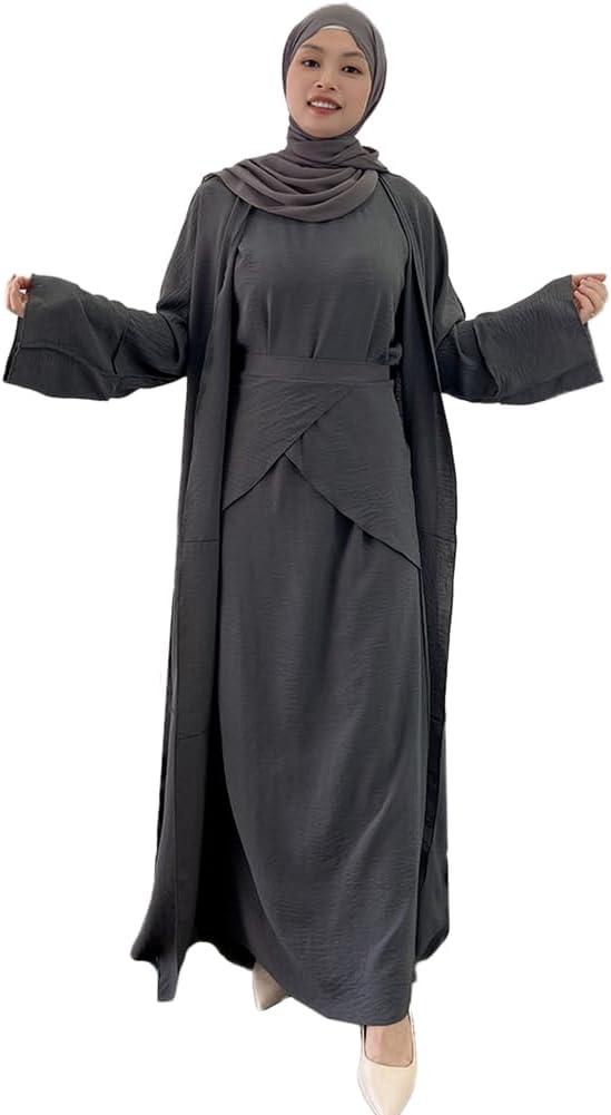 imageIDOPIP Muslim Abaya Dress for Women Long Sleeve Open Front Cardigan  Kaftan  Skirt  Hijab 34PCS Islamic Prayer Outfit SetGray  Hijab