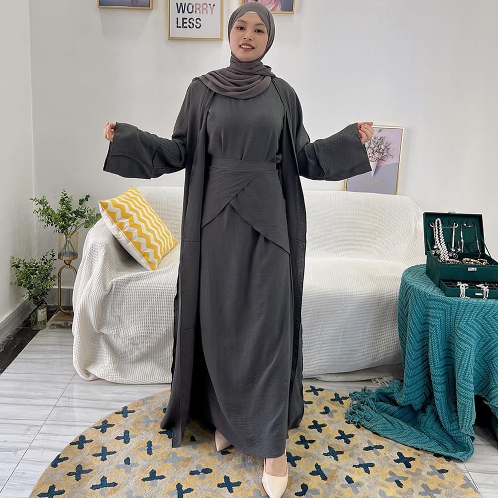 imageIDOPIP Muslim Abaya Dress for Women Long Sleeve Open Front Cardigan  Kaftan  Skirt  Hijab 34PCS Islamic Prayer Outfit SetGray  Hijab