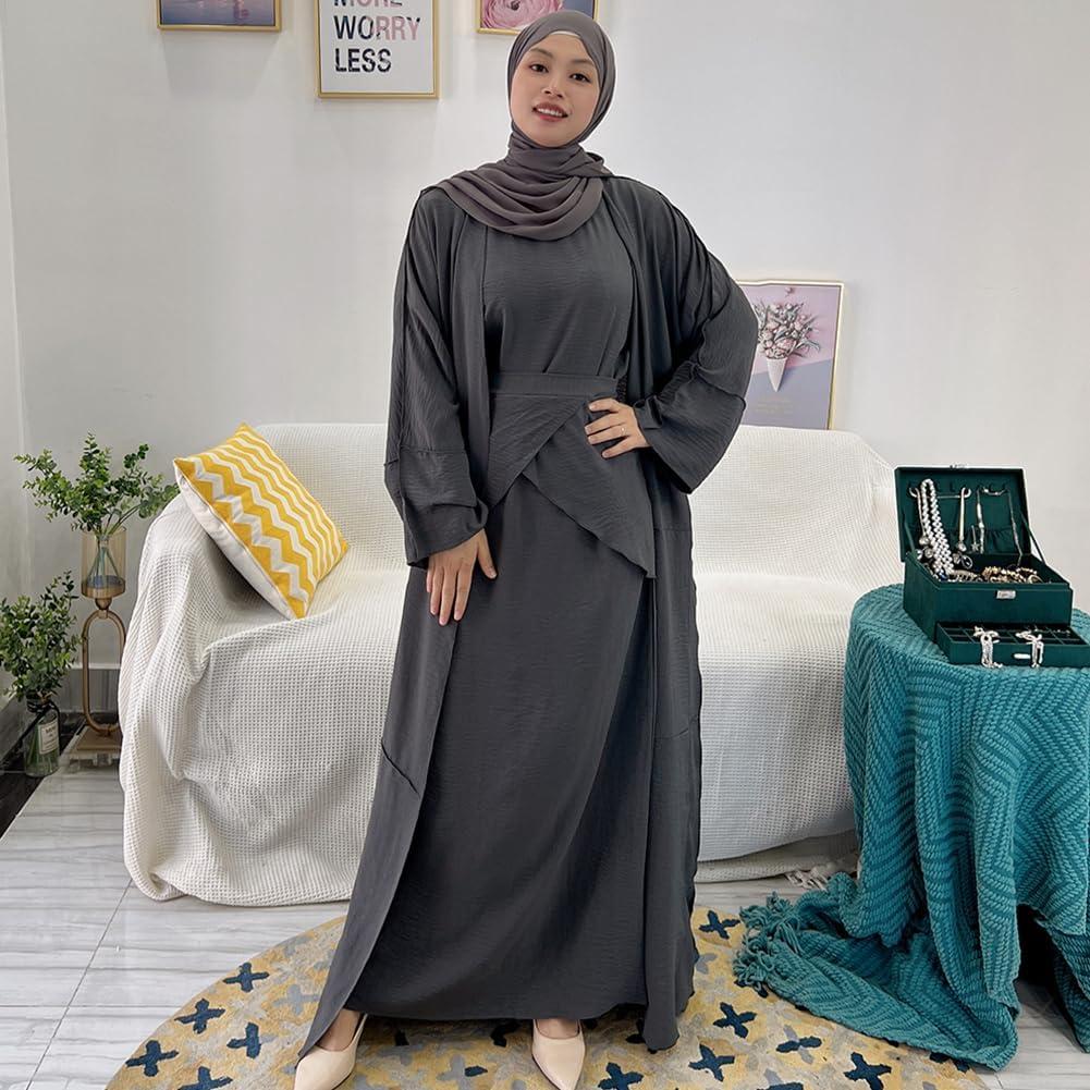 imageIDOPIP Muslim Abaya Dress for Women Long Sleeve Open Front Cardigan  Kaftan  Skirt  Hijab 34PCS Islamic Prayer Outfit SetGray  Hijab