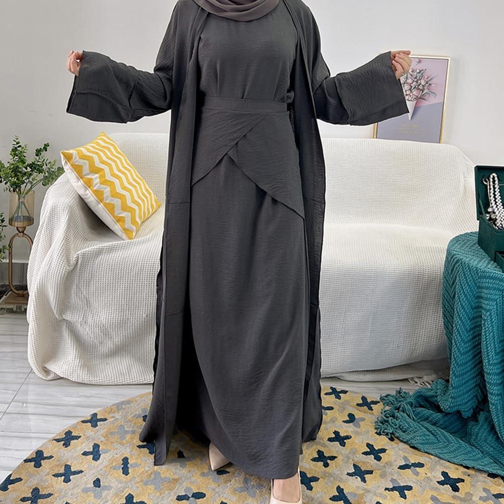 imageIDOPIP Muslim Abaya Dress for Women Long Sleeve Open Front Cardigan  Kaftan  Skirt  Hijab 34PCS Islamic Prayer Outfit SetGray No Hijab