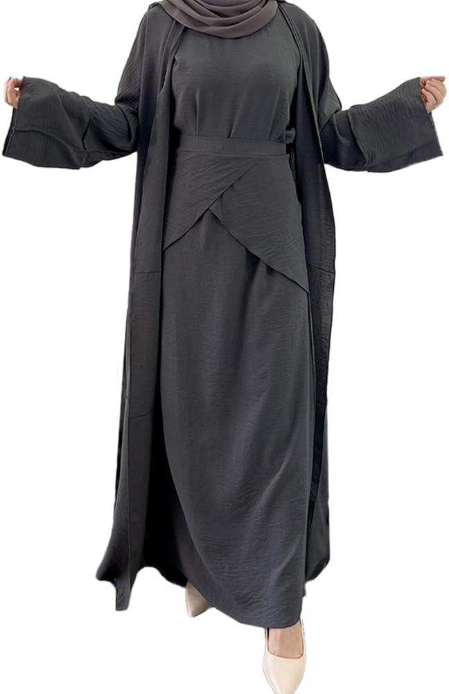 imageIDOPIP Muslim Abaya Dress for Women Long Sleeve Open Front Cardigan  Kaftan  Skirt  Hijab 34PCS Islamic Prayer Outfit SetGray No Hijab