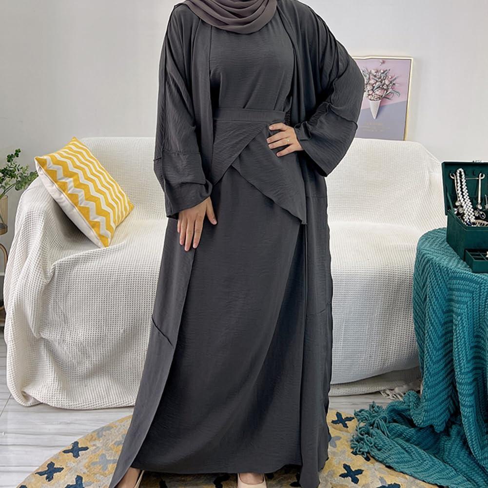 imageIDOPIP Muslim Abaya Dress for Women Long Sleeve Open Front Cardigan  Kaftan  Skirt  Hijab 34PCS Islamic Prayer Outfit SetGray No Hijab