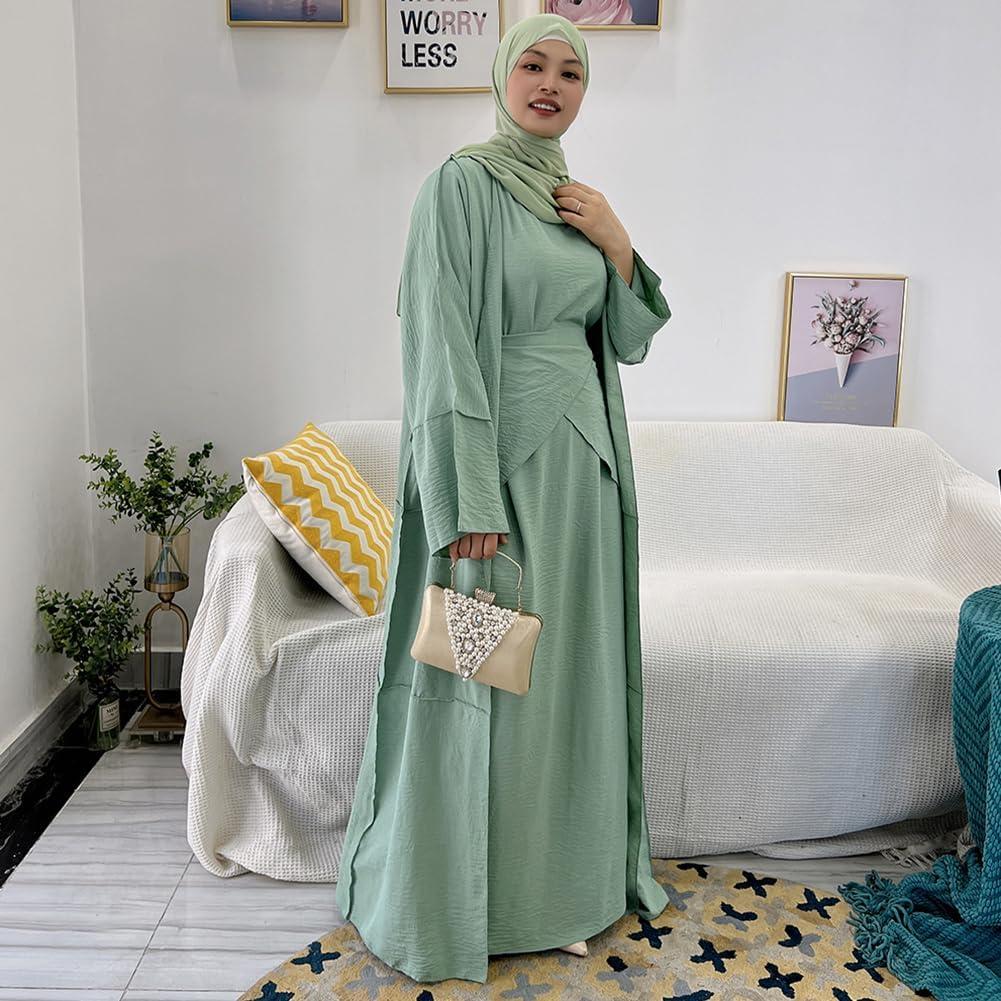 imageIDOPIP Muslim Abaya Dress for Women Long Sleeve Open Front Cardigan  Kaftan  Skirt  Hijab 34PCS Islamic Prayer Outfit SetGreen  Hijab