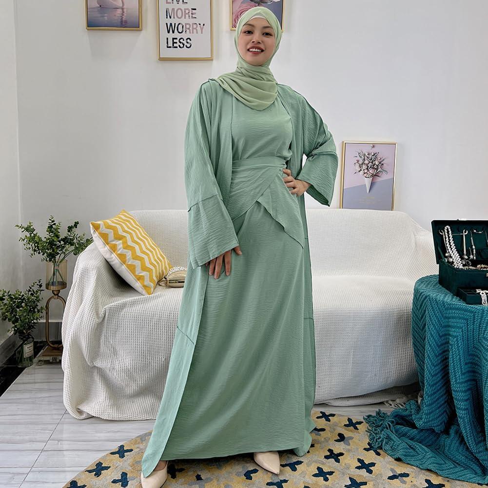 imageIDOPIP Muslim Abaya Dress for Women Long Sleeve Open Front Cardigan  Kaftan  Skirt  Hijab 34PCS Islamic Prayer Outfit SetGreen  Hijab