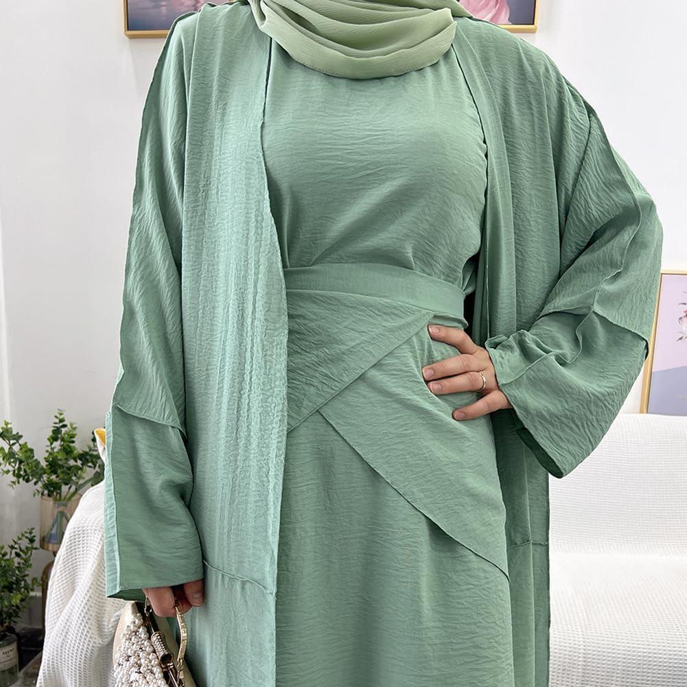 imageIDOPIP Muslim Abaya Dress for Women Long Sleeve Open Front Cardigan  Kaftan  Skirt  Hijab 34PCS Islamic Prayer Outfit SetGreen  Hijab