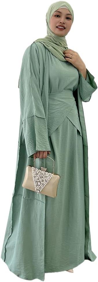 imageIDOPIP Muslim Abaya Dress for Women Long Sleeve Open Front Cardigan  Kaftan  Skirt  Hijab 34PCS Islamic Prayer Outfit SetGreen  Hijab