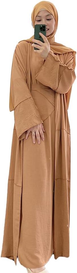 imageIDOPIP Muslim Abaya Dress for Women Long Sleeve Open Front Cardigan  Kaftan  Skirt  Hijab 34PCS Islamic Prayer Outfit SetKhaki  Hijab