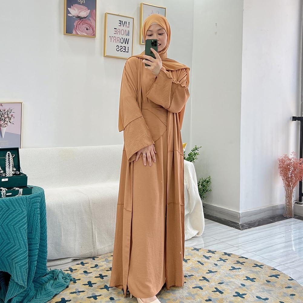 imageIDOPIP Muslim Abaya Dress for Women Long Sleeve Open Front Cardigan  Kaftan  Skirt  Hijab 34PCS Islamic Prayer Outfit SetKhaki  Hijab