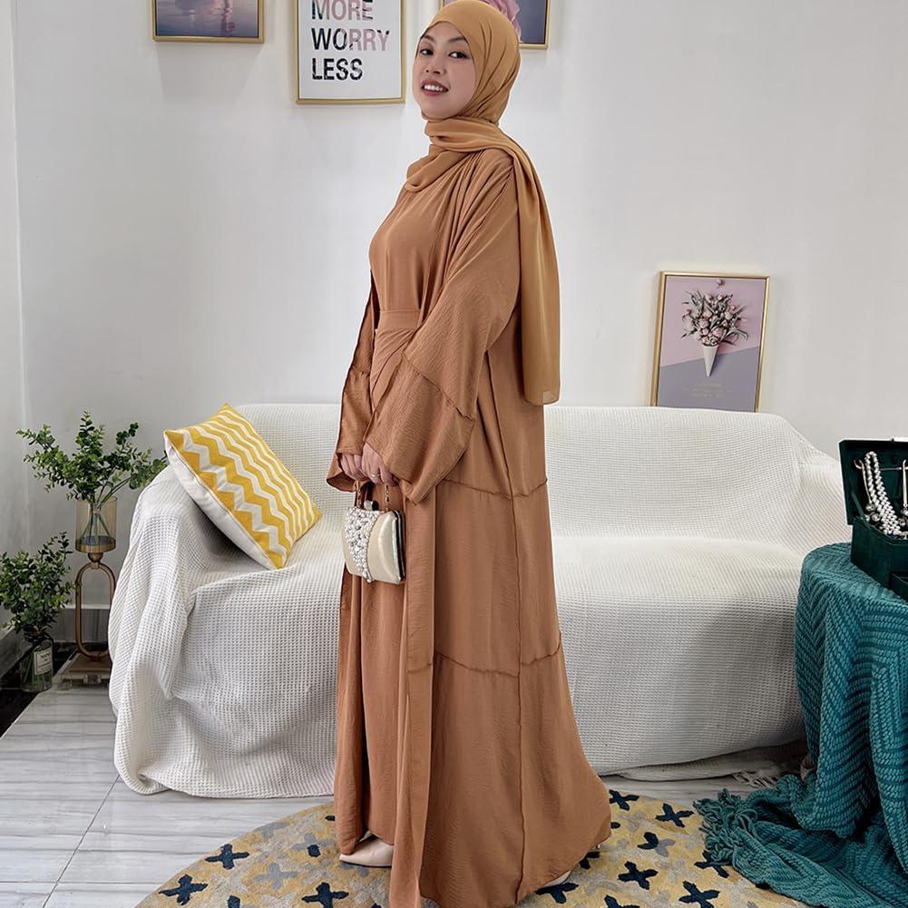 imageIDOPIP Muslim Abaya Dress for Women Long Sleeve Open Front Cardigan  Kaftan  Skirt  Hijab 34PCS Islamic Prayer Outfit SetKhaki  Hijab