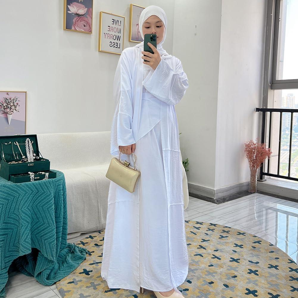 imageIDOPIP Muslim Abaya Dress for Women Long Sleeve Open Front Cardigan  Kaftan  Skirt  Hijab 34PCS Islamic Prayer Outfit SetWhite  Hijab