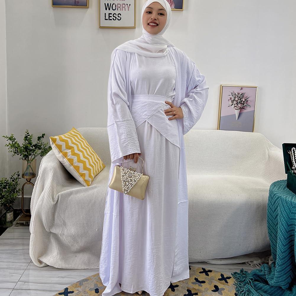 imageIDOPIP Muslim Abaya Dress for Women Long Sleeve Open Front Cardigan  Kaftan  Skirt  Hijab 34PCS Islamic Prayer Outfit SetWhite  Hijab