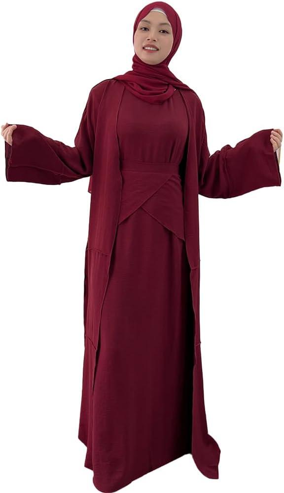 imageIDOPIP Muslim Abaya Dress for Women Long Sleeve Open Front Cardigan  Kaftan  Skirt  Hijab 34PCS Islamic Prayer Outfit SetWine Red  Hijab