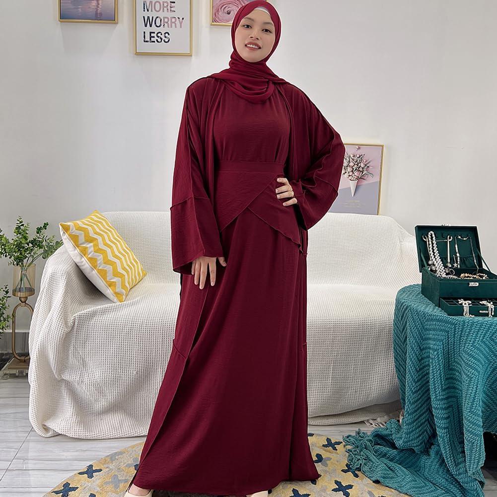 imageIDOPIP Muslim Abaya Dress for Women Long Sleeve Open Front Cardigan  Kaftan  Skirt  Hijab 34PCS Islamic Prayer Outfit SetWine Red  Hijab