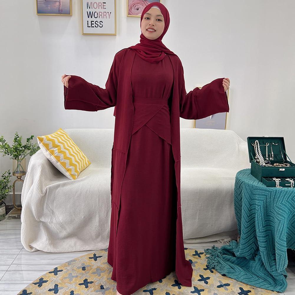 imageIDOPIP Muslim Abaya Dress for Women Long Sleeve Open Front Cardigan  Kaftan  Skirt  Hijab 34PCS Islamic Prayer Outfit SetWine Red  Hijab
