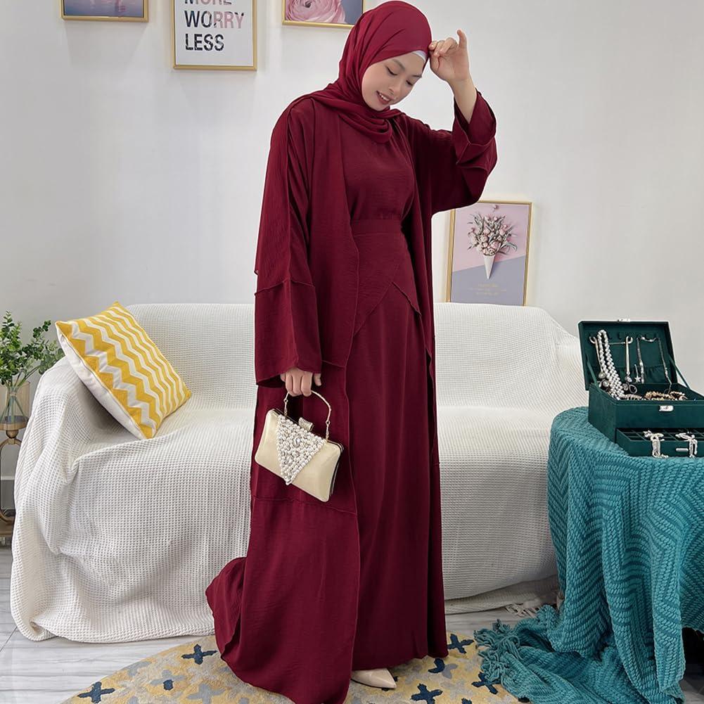 imageIDOPIP Muslim Abaya Dress for Women Long Sleeve Open Front Cardigan  Kaftan  Skirt  Hijab 34PCS Islamic Prayer Outfit SetWine Red  Hijab