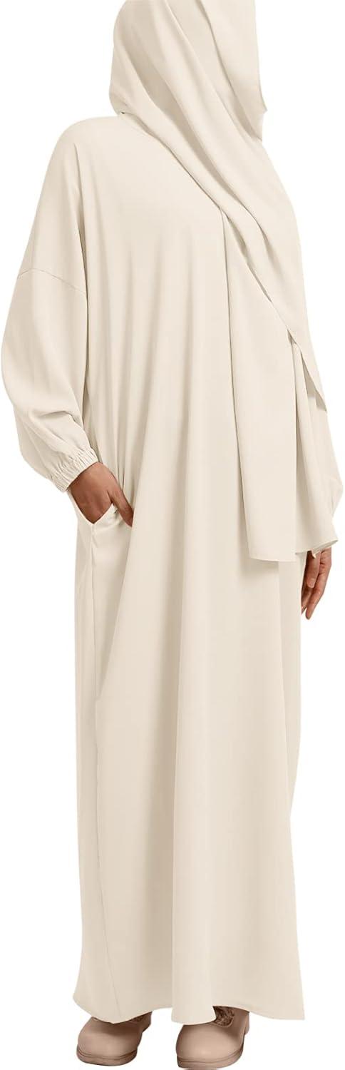 imageIDOPIP Muslim Abaya for Women One Piece Long Sleeve Islamic Prayer Dress with Hooded Hijab Jilbab Loose Maxi Kaftan Dubai Robe Full Length Cover Gown Middle East Modest Prayer Clothes Beige No1