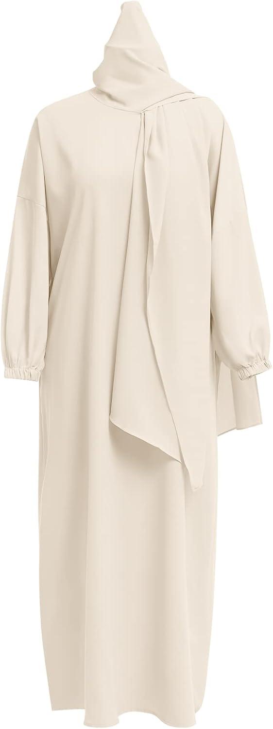 imageIDOPIP Muslim Abaya for Women One Piece Long Sleeve Islamic Prayer Dress with Hooded Hijab Jilbab Loose Maxi Kaftan Dubai Robe Full Length Cover Gown Middle East Modest Prayer Clothes Beige No1