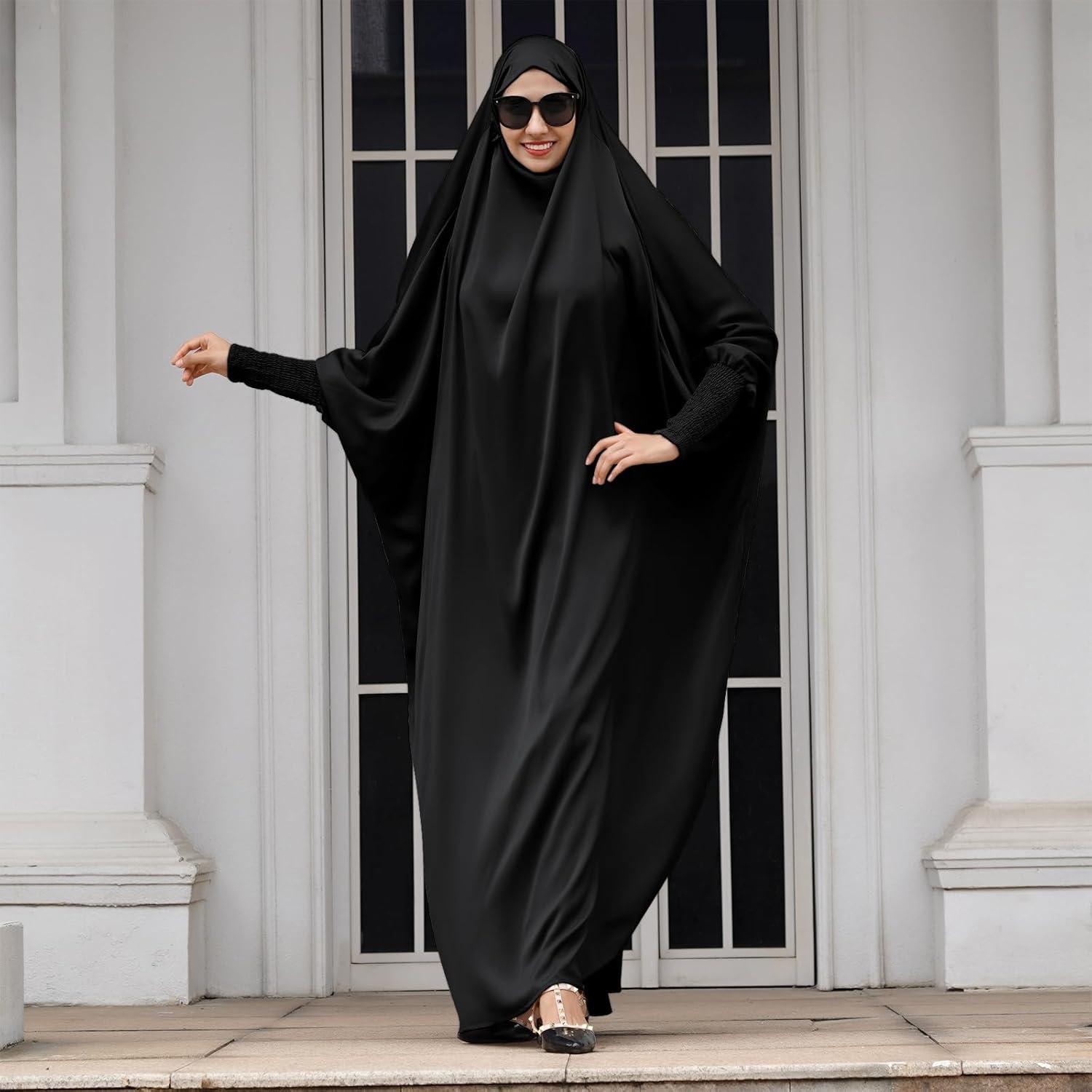 imageIDOPIP Muslim Abaya for Women One Piece Long Sleeve Islamic Prayer Dress with Hooded Hijab Maxi Kaftan Robe Modest ClothesBlack